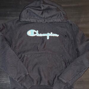 Champion Dark Hoodie with Blue Logo